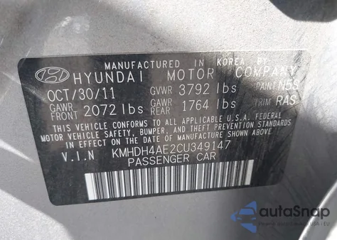 2012 Hyundai Elantra Limited (Ulsan Plant) from USA, damaged, VIN KMHDH4AE2CU349147